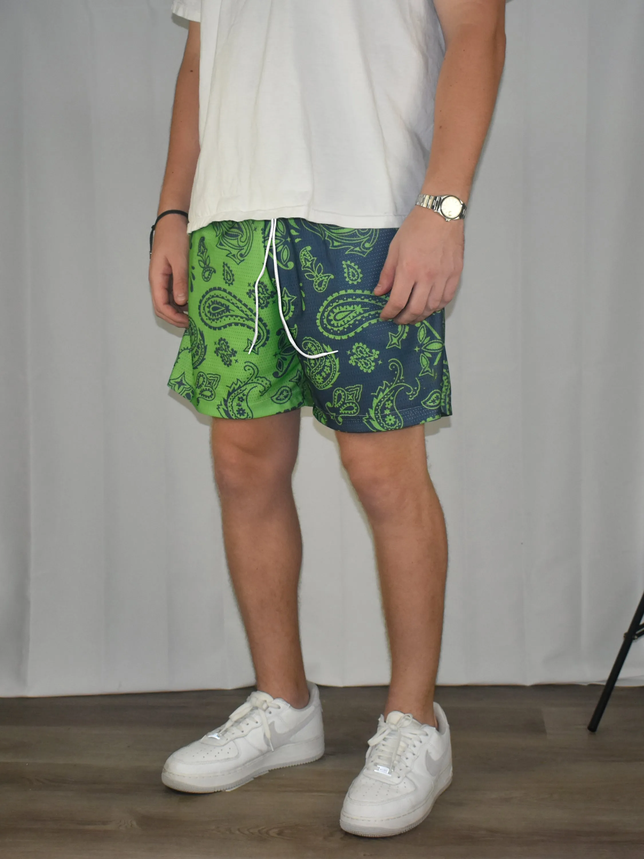 Cashew Flower Colorblock Mesh Track Shorts