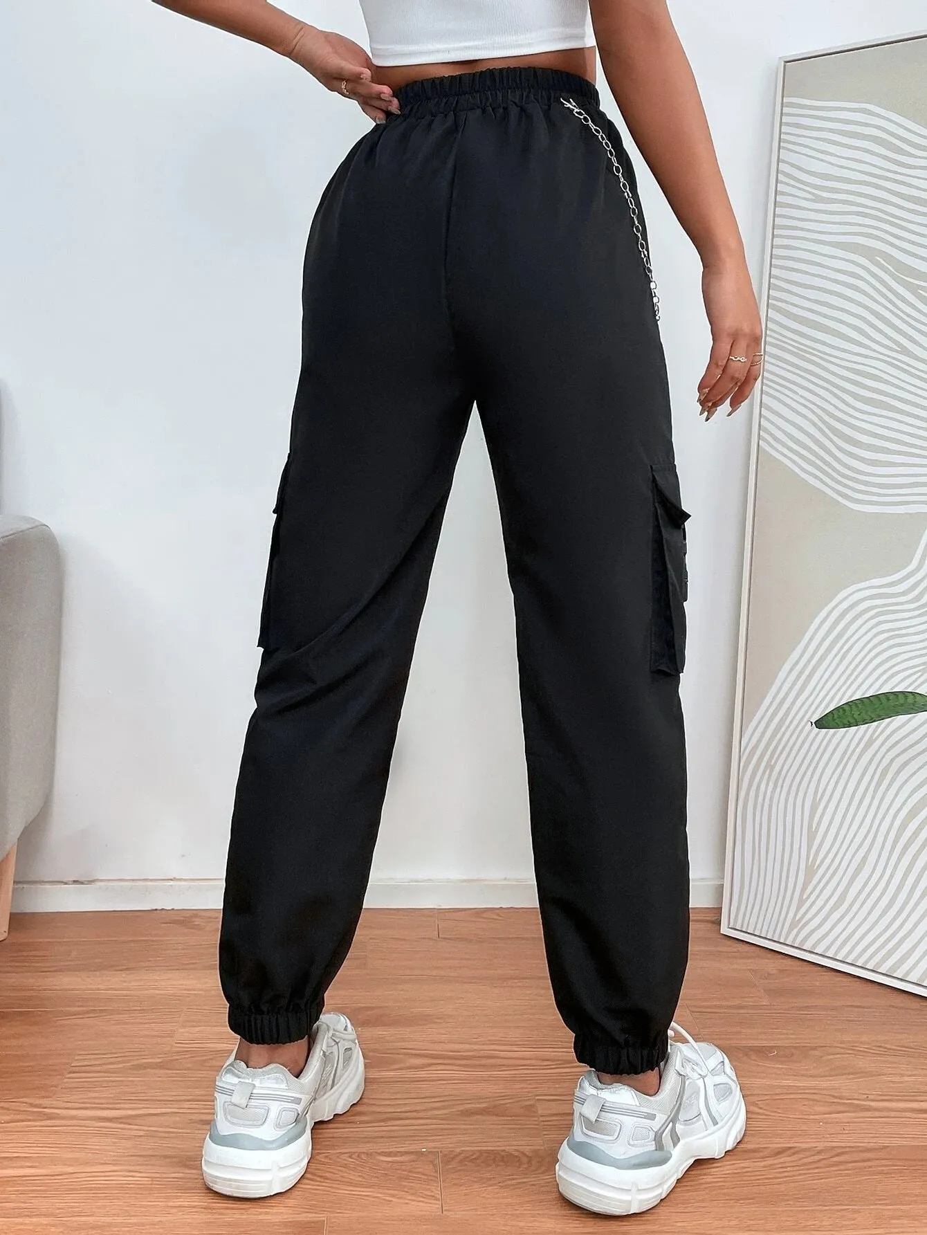 Chain Detail Flap Pocket Buckle Pants