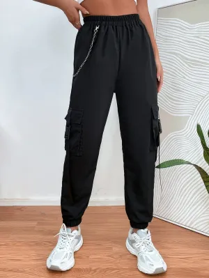 Chain Detail Flap Pocket Buckle Pants