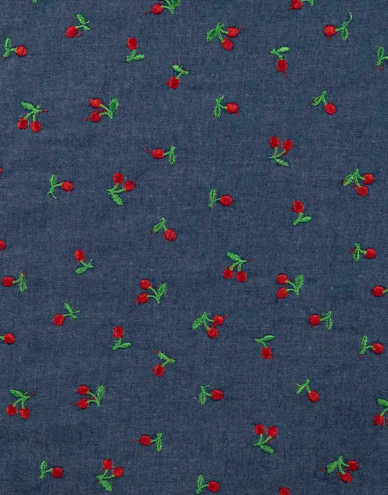 Cherry Embroidered Chambray Fabric