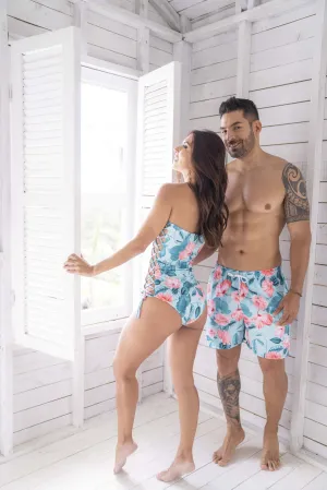 Combo Pantaloneta de hombre y Vestido de baño entero de flores ajustable 7001 0472