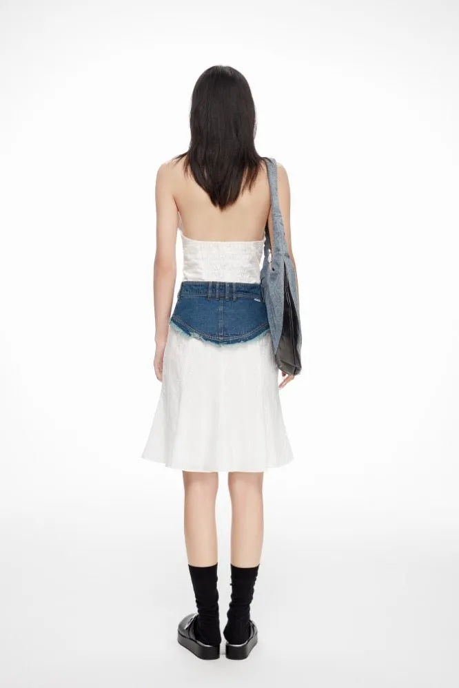 Cotton Embroidered Denim Belt Skirt