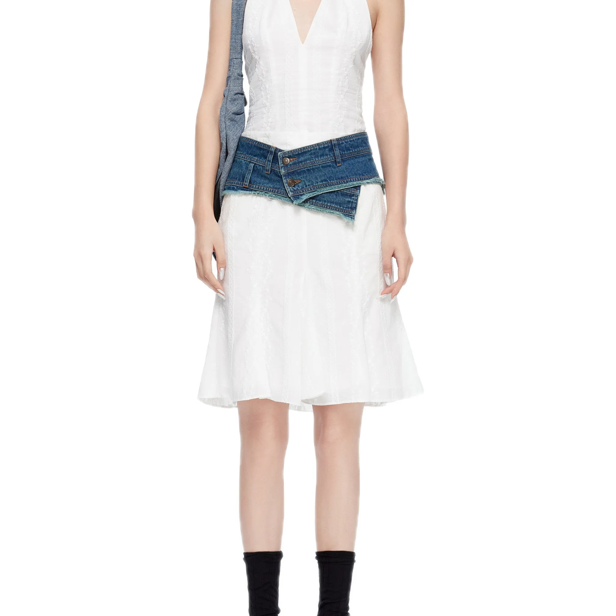 Cotton Embroidered Denim Belt Skirt