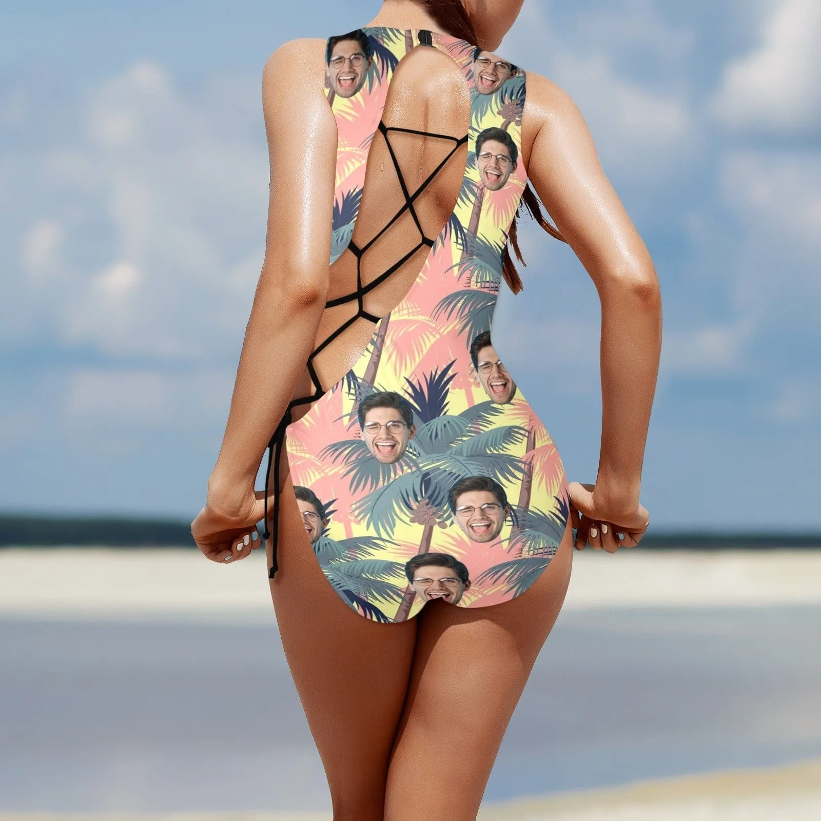 Custom Face Coconut Tree Women's Lace Up Back Swimwear One Piece Swimsuit Personalized One Piece Bathing Suits
