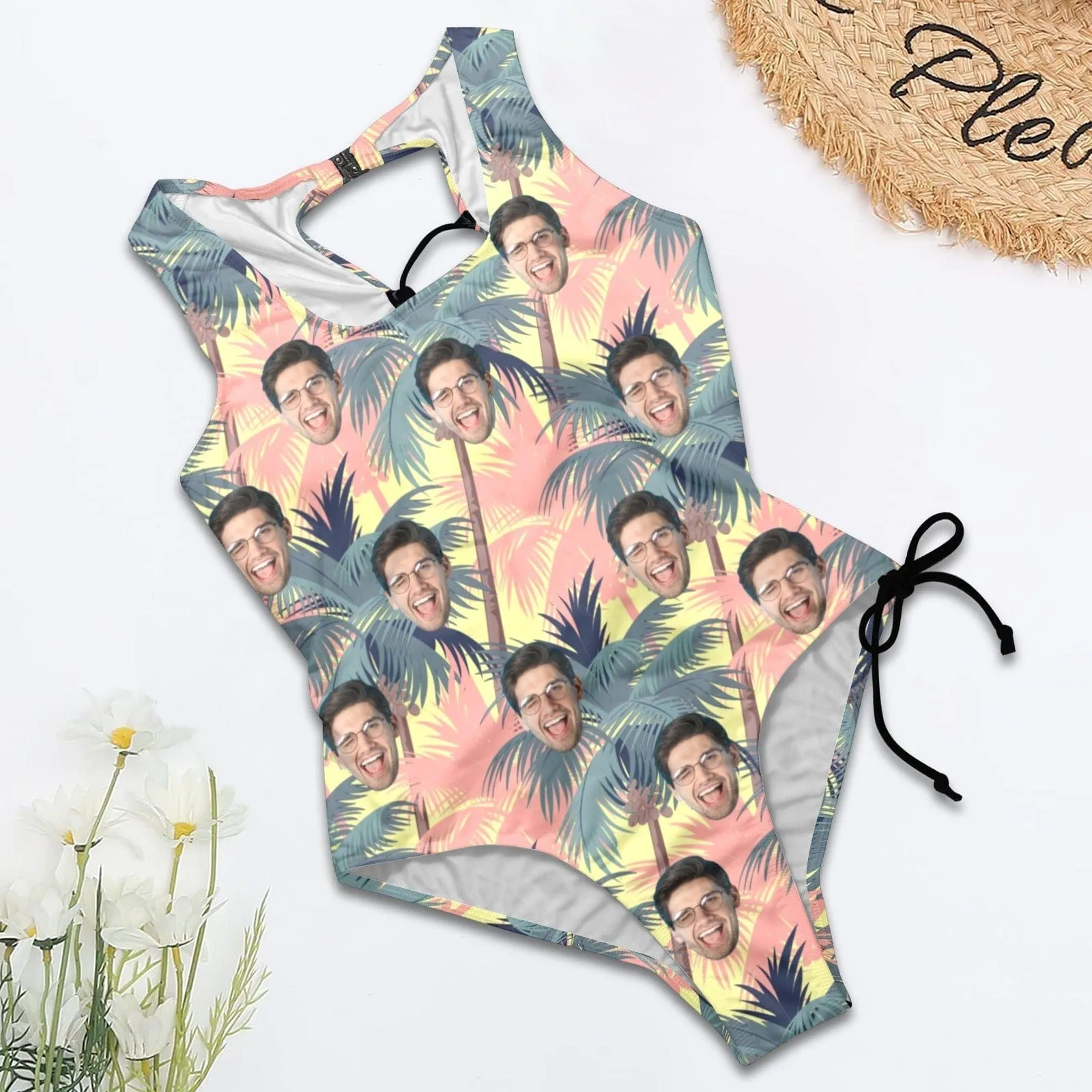 Custom Face Coconut Tree Women's Lace Up Back Swimwear One Piece Swimsuit Personalized One Piece Bathing Suits