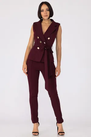 Dark Plum Sleeveless Belted Blazer & Skinny Pants Set