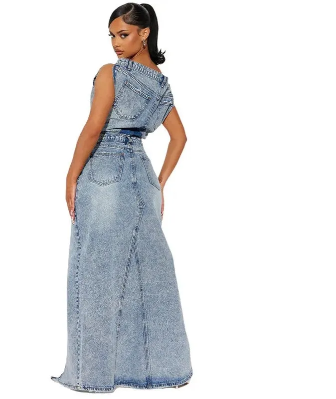 Denim Patchwork Sleeveless Strapless Short Button Open Fork Top   Floor-Length Maxi Skirt Lady 2-Piece Set