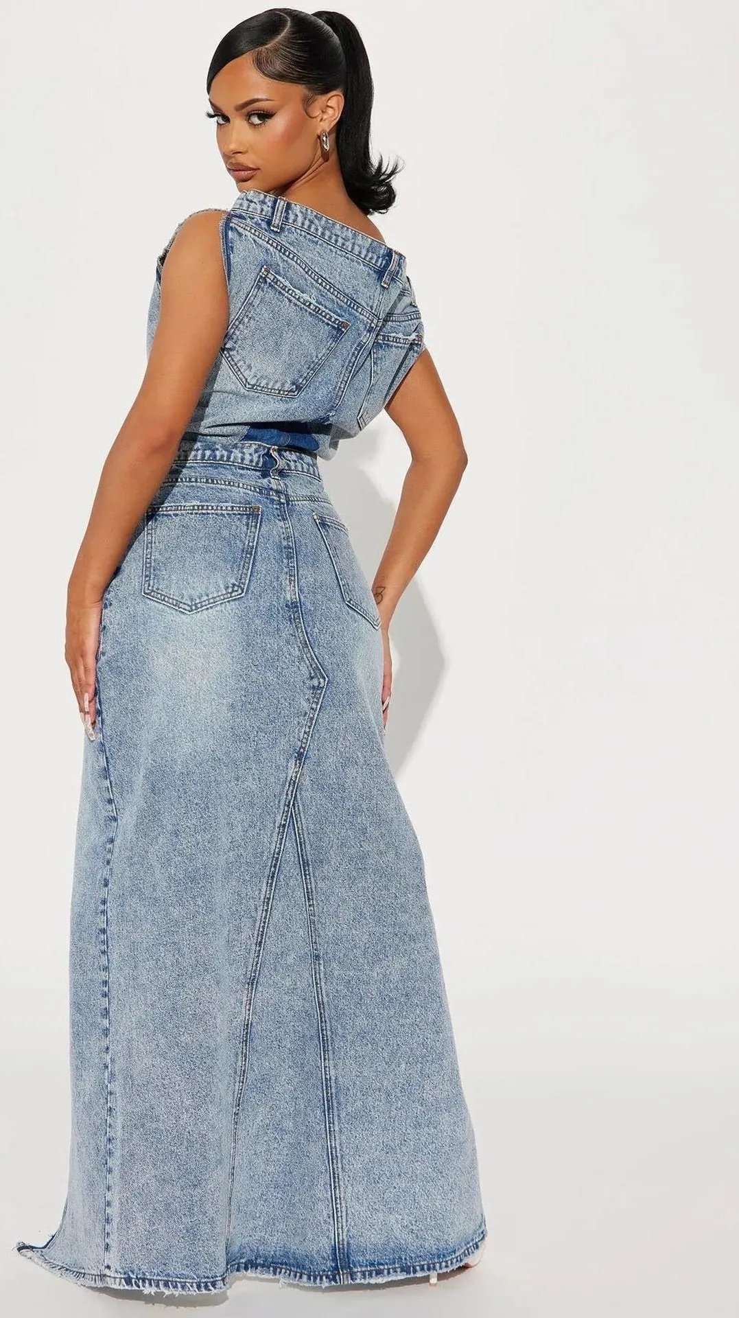 Denim Patchwork Sleeveless Strapless Short Button Open Fork Top   Floor-Length Maxi Skirt Lady 2-Piece Set