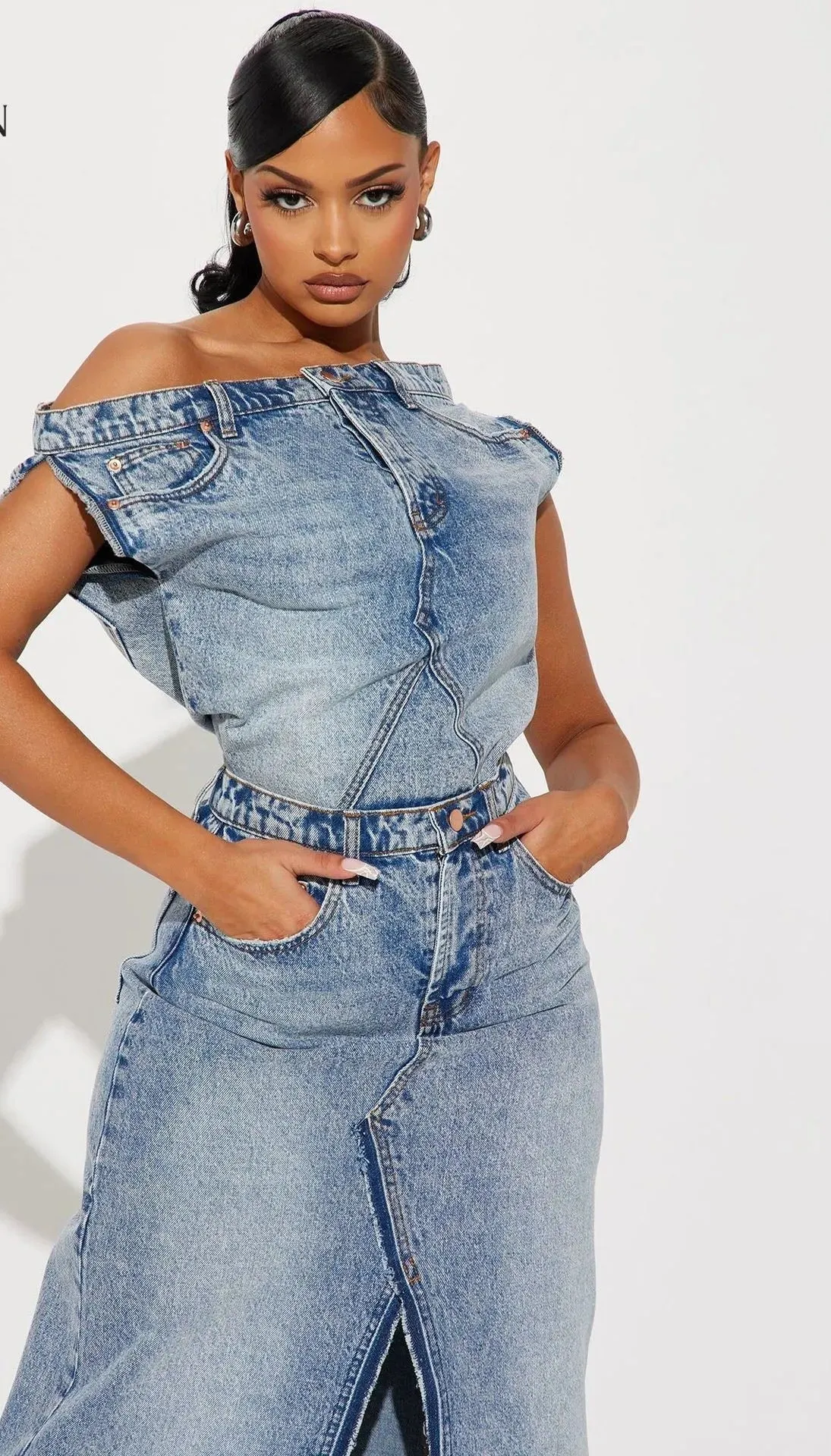 Denim Patchwork Sleeveless Strapless Short Button Open Fork Top   Floor-Length Maxi Skirt Lady 2-Piece Set