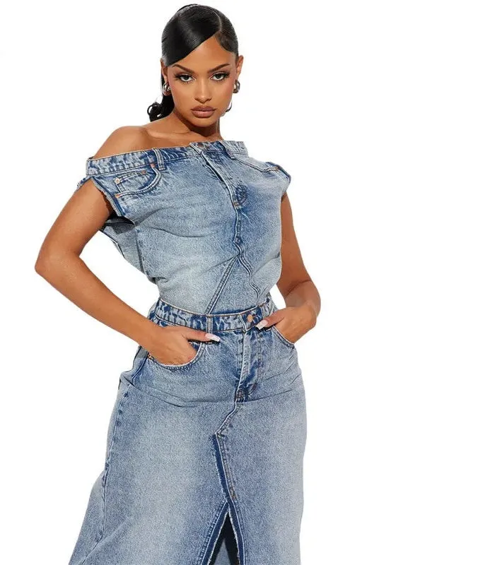 Denim Patchwork Sleeveless Strapless Short Button Open Fork Top   Floor-Length Maxi Skirt Lady 2-Piece Set