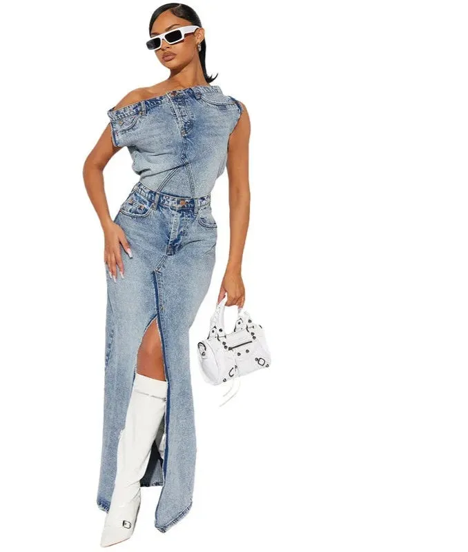 Denim Patchwork Sleeveless Strapless Short Button Open Fork Top   Floor-Length Maxi Skirt Lady 2-Piece Set