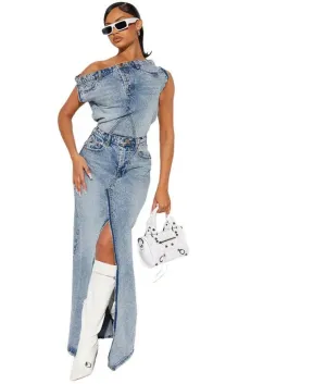 Denim Patchwork Sleeveless Strapless Short Button Open Fork Top   Floor-Length Maxi Skirt Lady 2-Piece Set