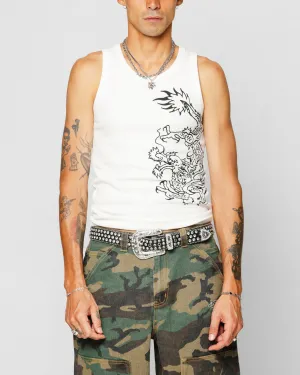 Ed Hardy Dragon Ribbed Muscle Singlet Off White