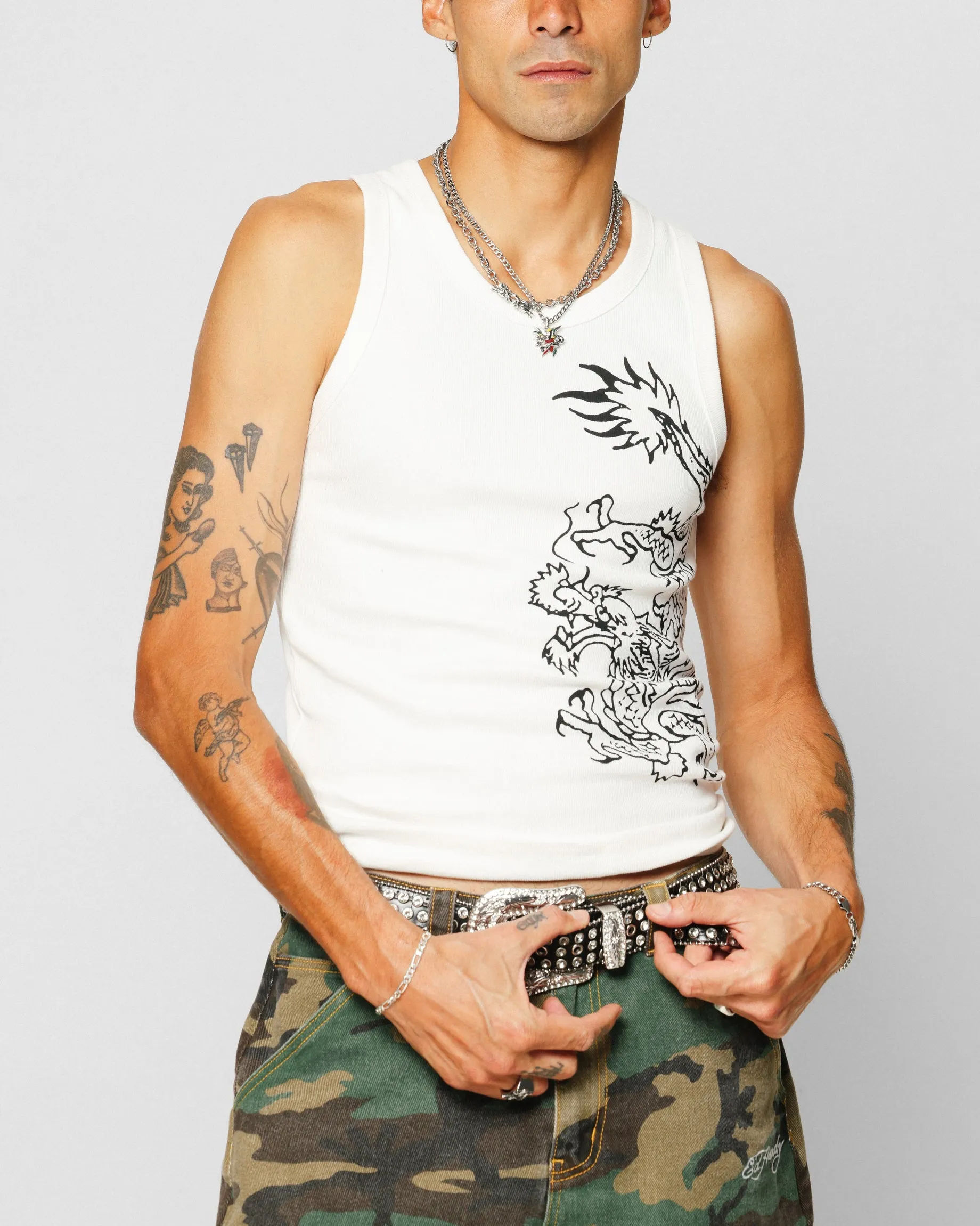 Ed Hardy Dragon Ribbed Muscle Singlet Off White