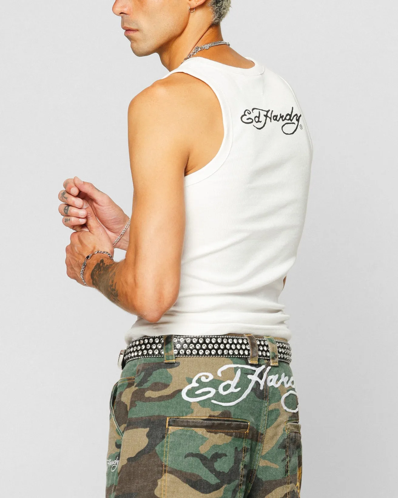 Ed Hardy Dragon Ribbed Muscle Singlet Off White