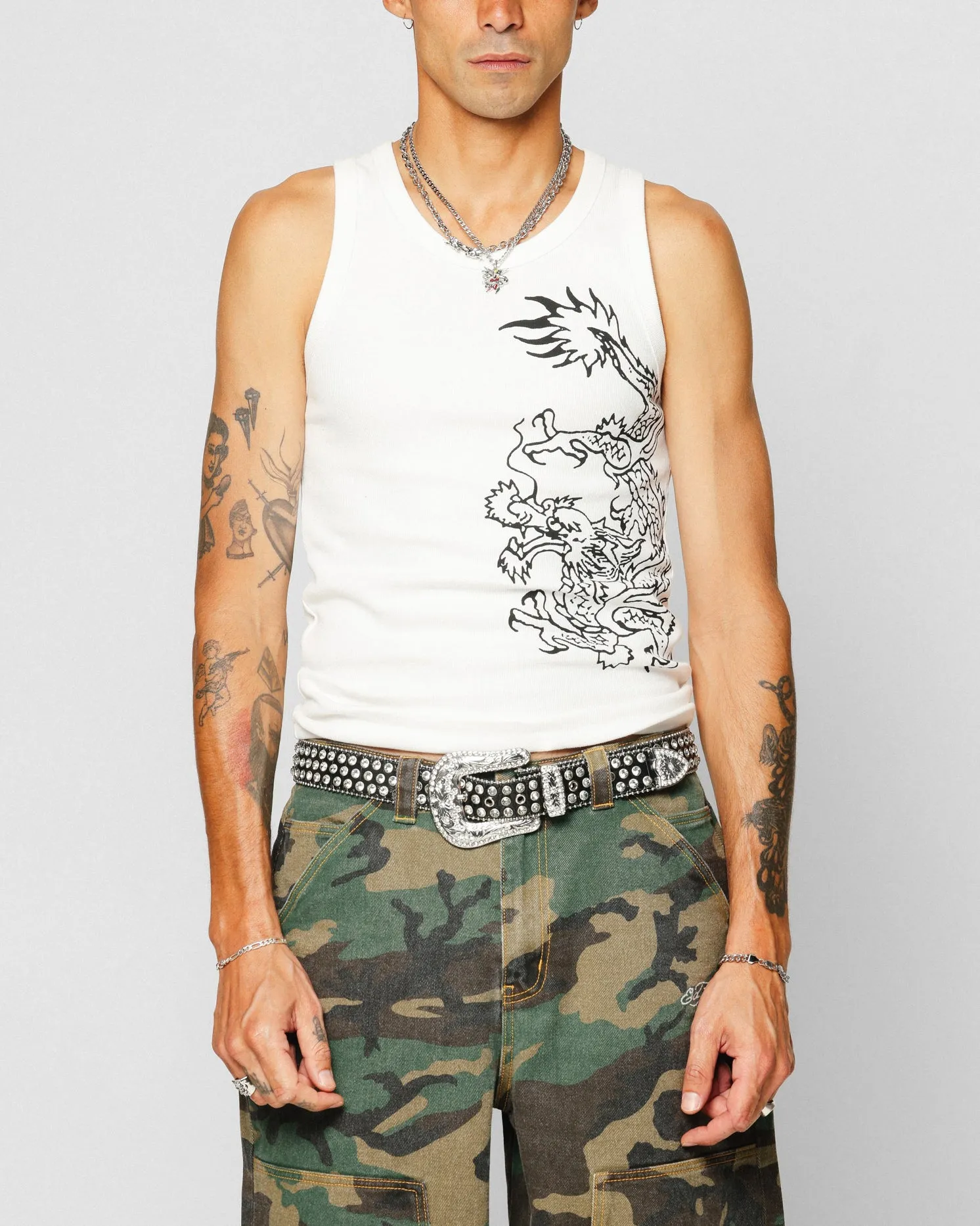 Ed Hardy Dragon Ribbed Muscle Singlet Off White