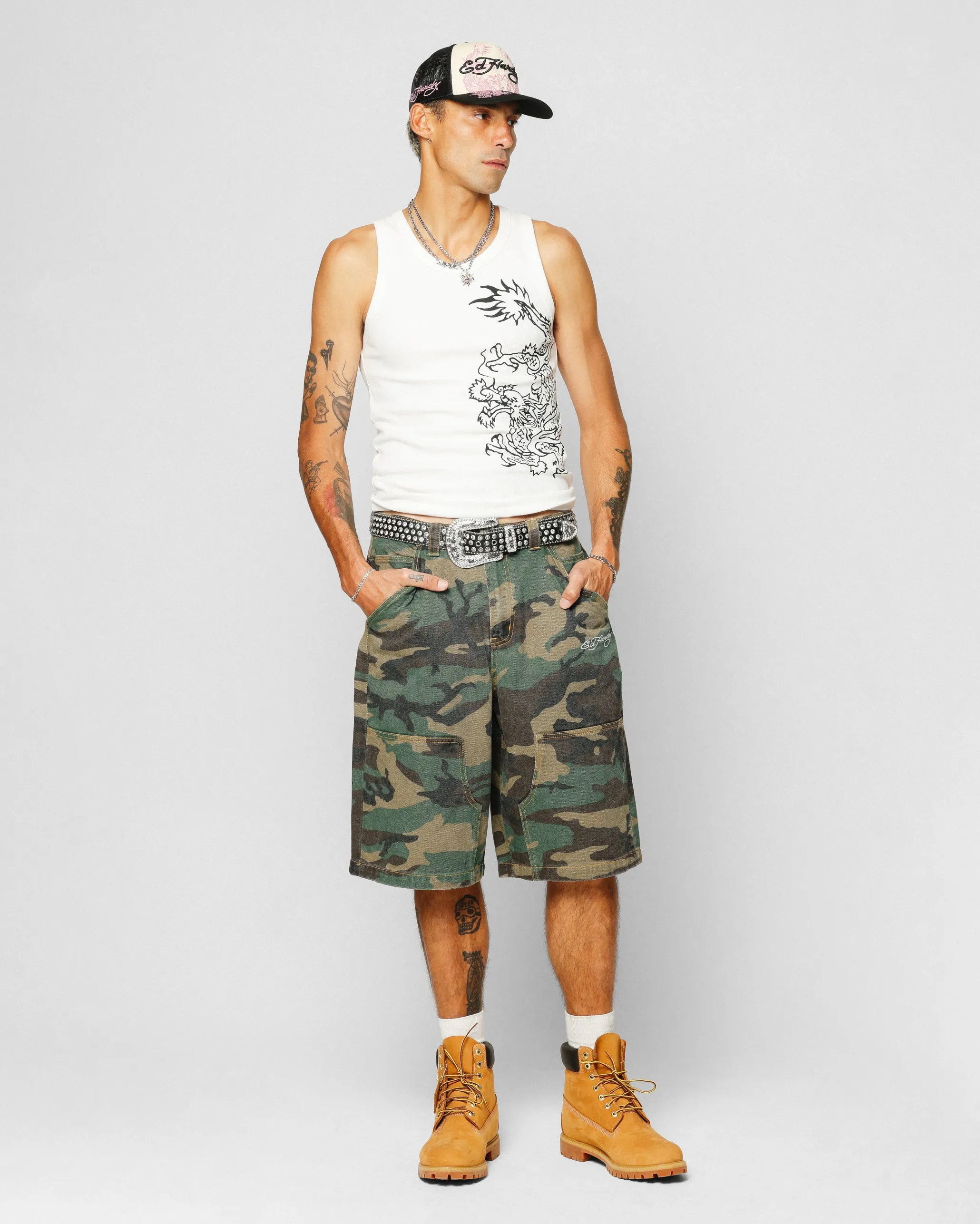 Ed Hardy Dragon Ribbed Muscle Singlet Off White
