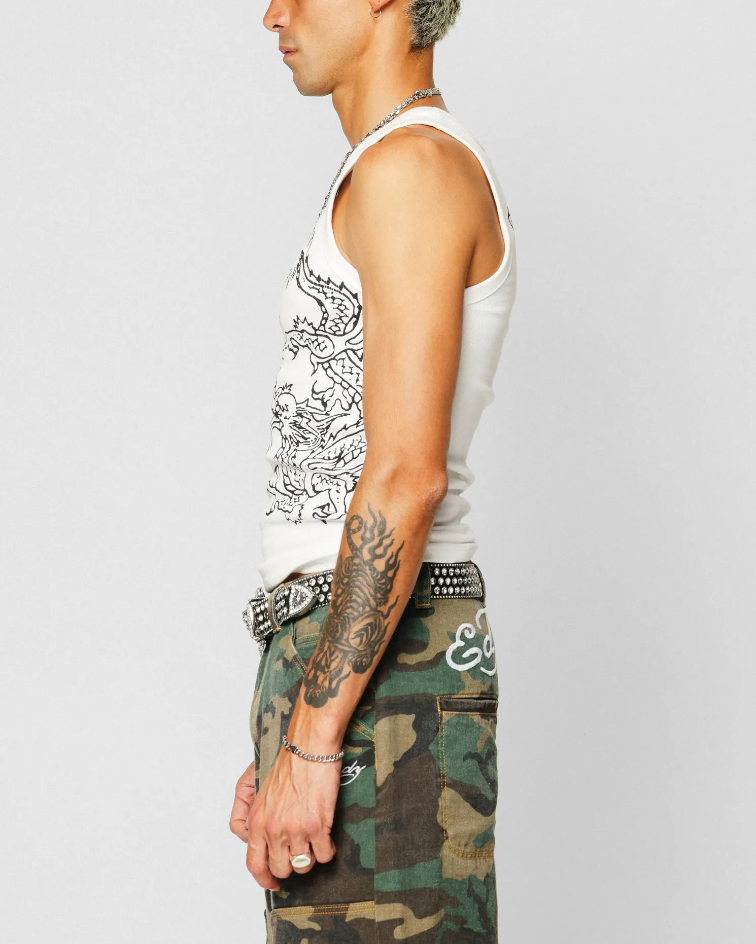 Ed Hardy Dragon Ribbed Muscle Singlet Off White