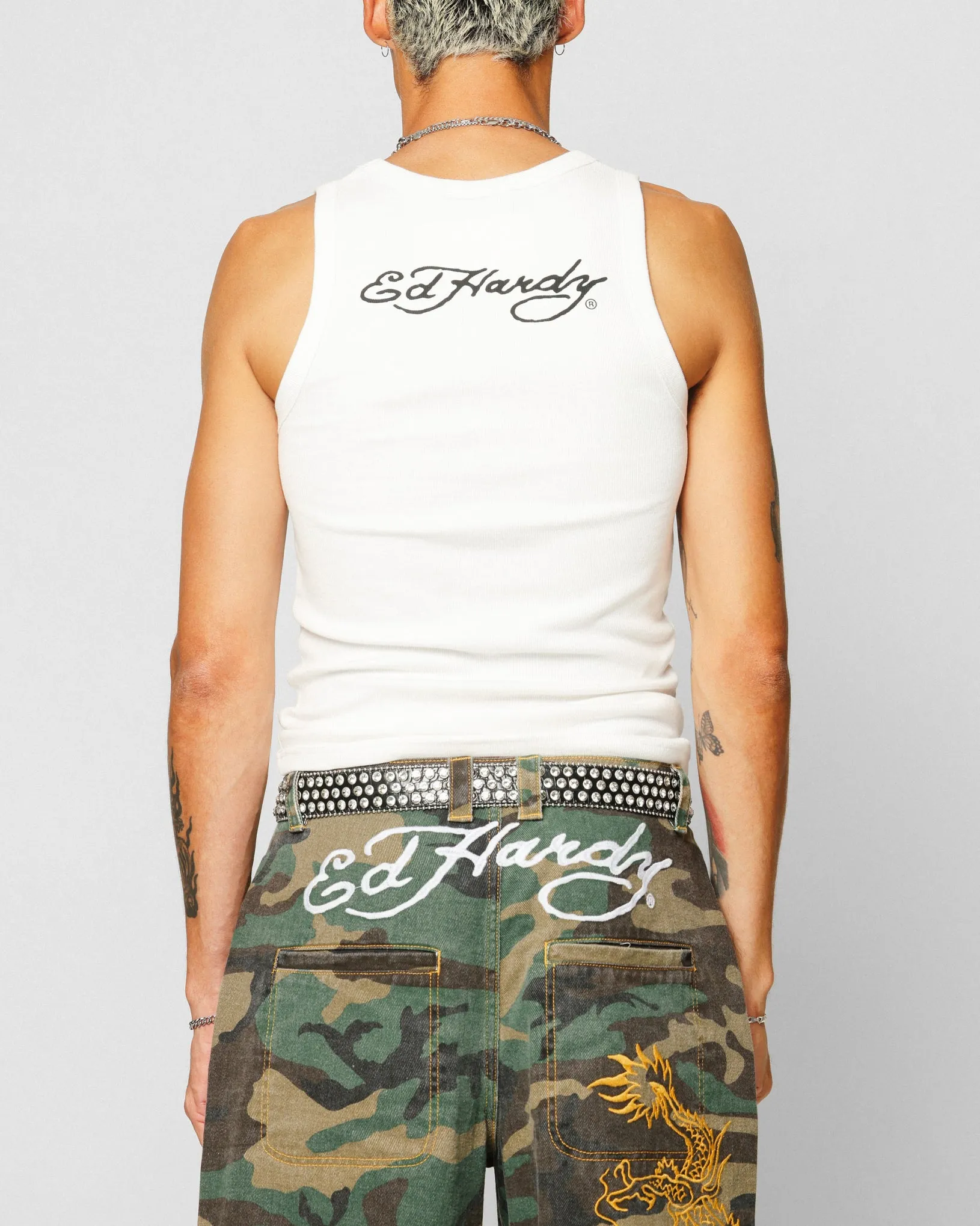 Ed Hardy Dragon Ribbed Muscle Singlet Off White