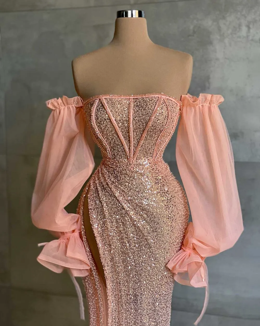 Elegant Long Sleeve Evening Dress Off The Shoulder Sexy High Slit Pink Sequin Dubai Women Evening Party Gowns,MD6965