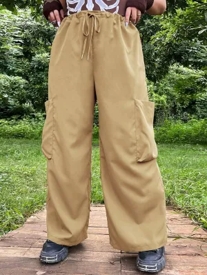 Flap Pocket Drawstring Waist Wide Leg Pants