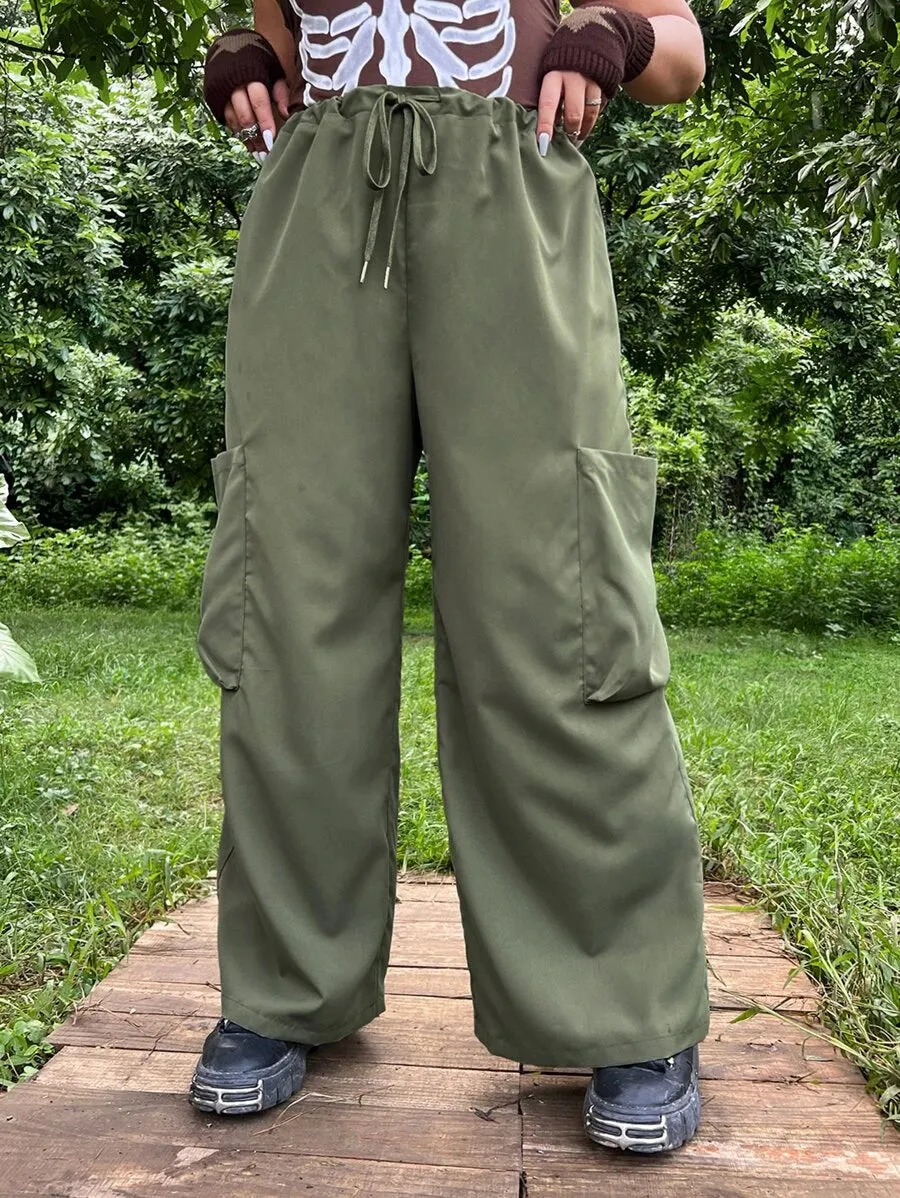 Flap Pocket Drawstring Waist Wide Leg Pants
