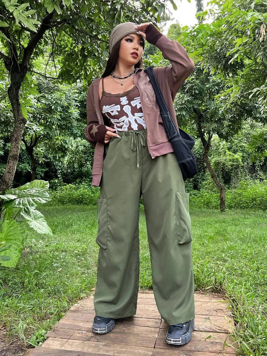 Flap Pocket Drawstring Waist Wide Leg Pants