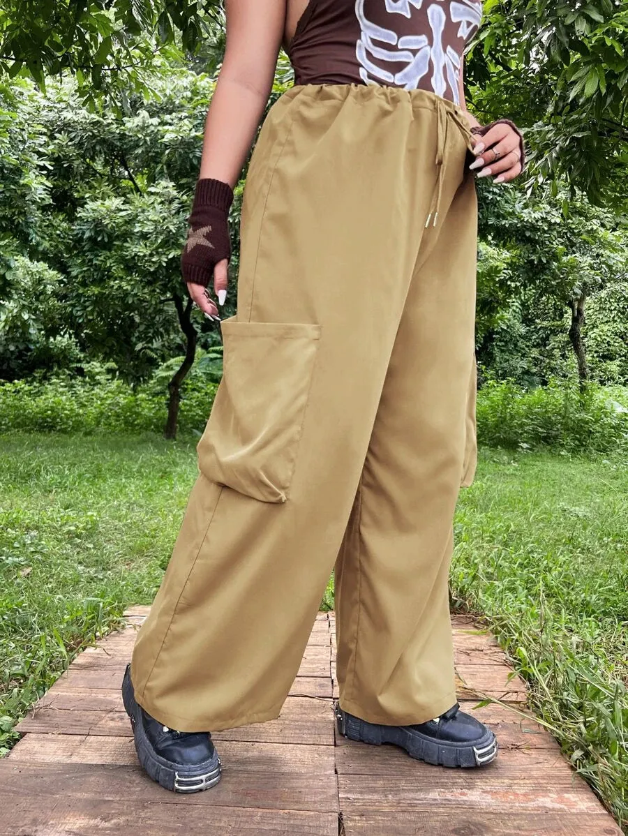 Flap Pocket Drawstring Waist Wide Leg Pants