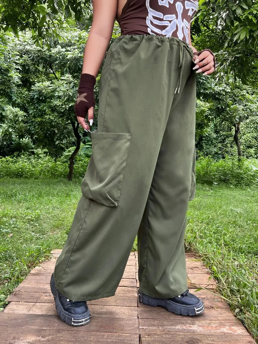 Flap Pocket Drawstring Waist Wide Leg Pants