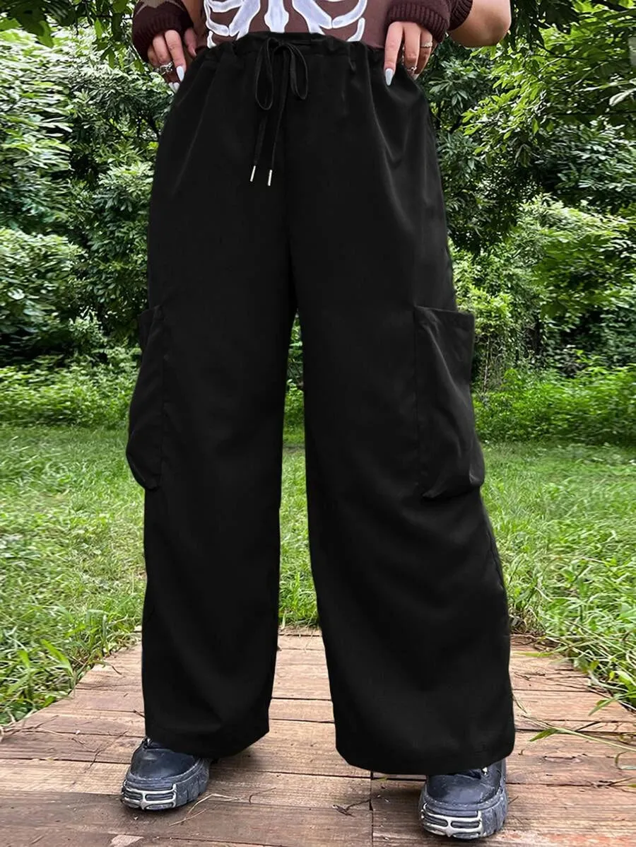 Flap Pocket Drawstring Waist Wide Leg Pants