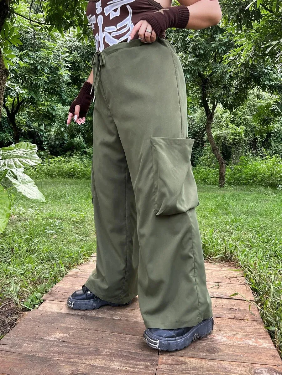 Flap Pocket Drawstring Waist Wide Leg Pants