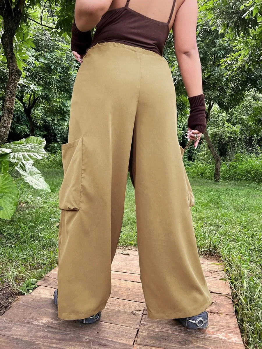 Flap Pocket Drawstring Waist Wide Leg Pants