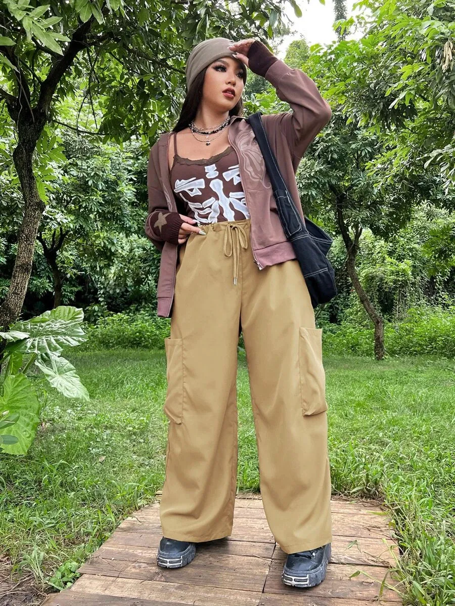 Flap Pocket Drawstring Waist Wide Leg Pants