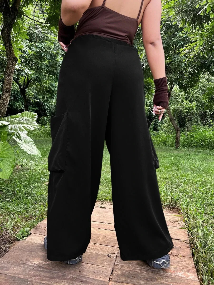 Flap Pocket Drawstring Waist Wide Leg Pants