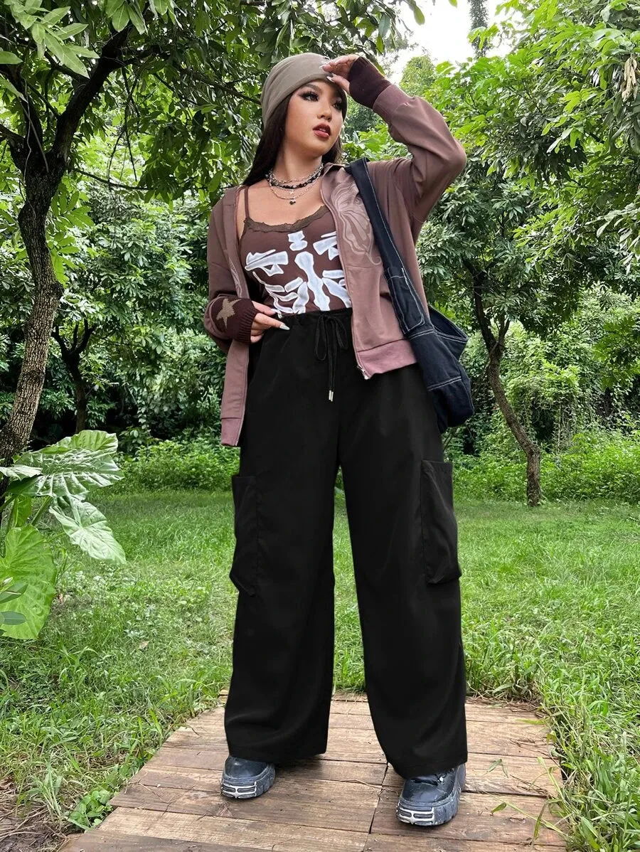 Flap Pocket Drawstring Waist Wide Leg Pants