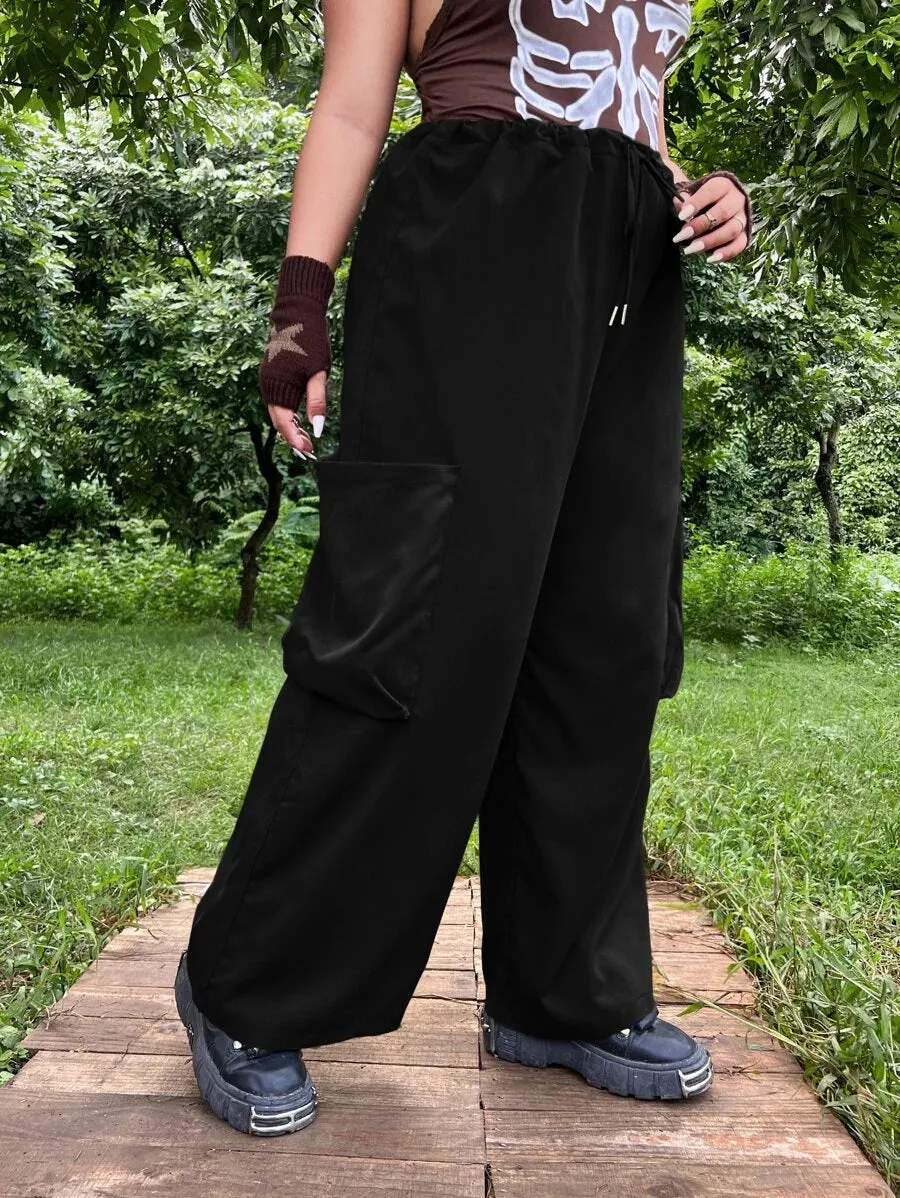 Flap Pocket Drawstring Waist Wide Leg Pants