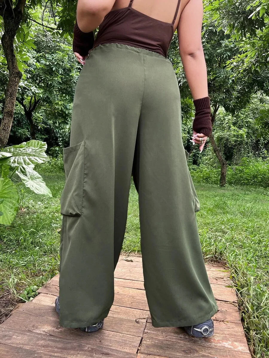 Flap Pocket Drawstring Waist Wide Leg Pants