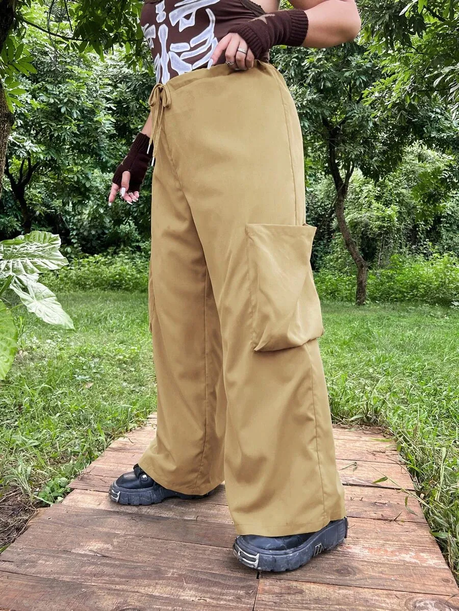 Flap Pocket Drawstring Waist Wide Leg Pants