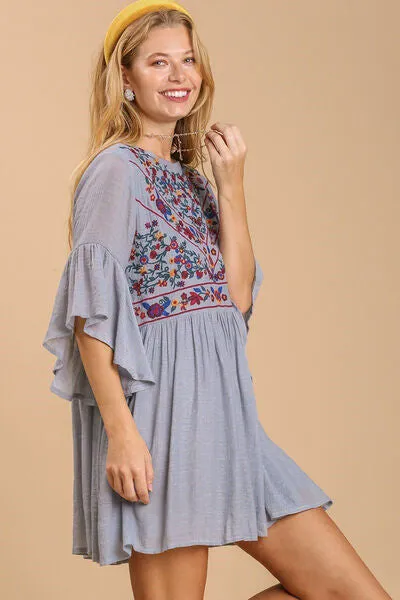 Floral Embroidered 3/4 Bell Sleeve Keyhole Dress
