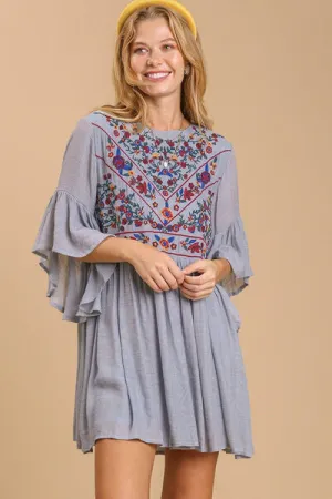 Floral Embroidered 3/4 Bell Sleeve Keyhole Dress