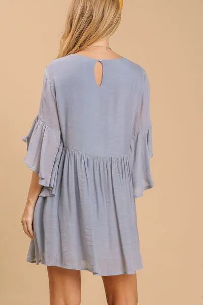 Floral Embroidered 3/4 Bell Sleeve Keyhole Dress