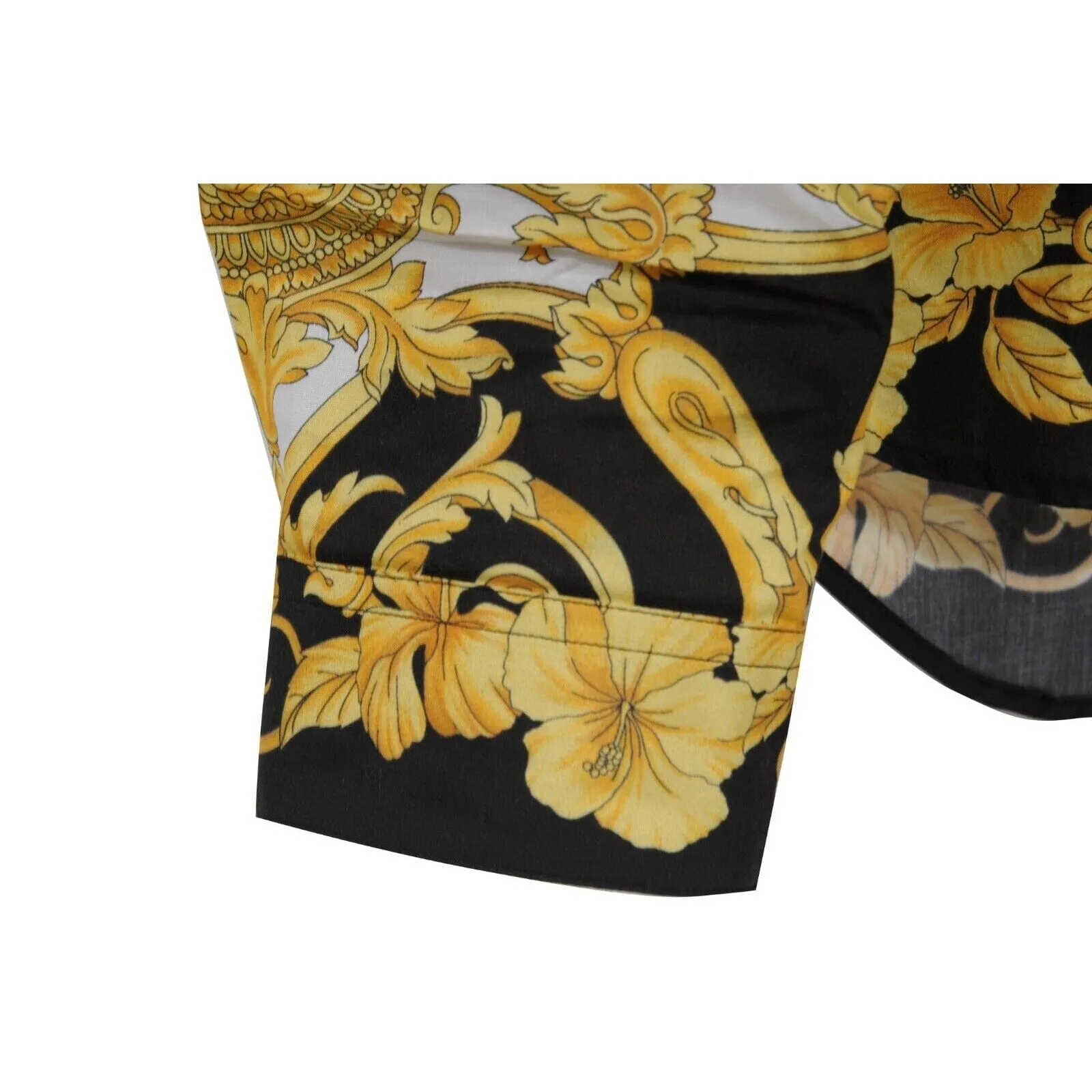 Gold Black Hibiscus Print Logo Button Down Shirt