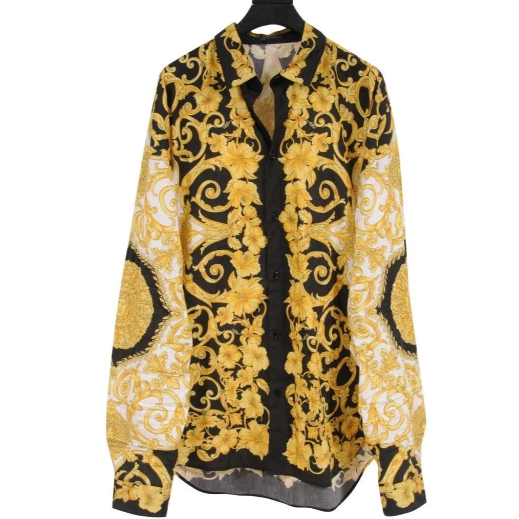 Gold Black Hibiscus Print Logo Button Down Shirt