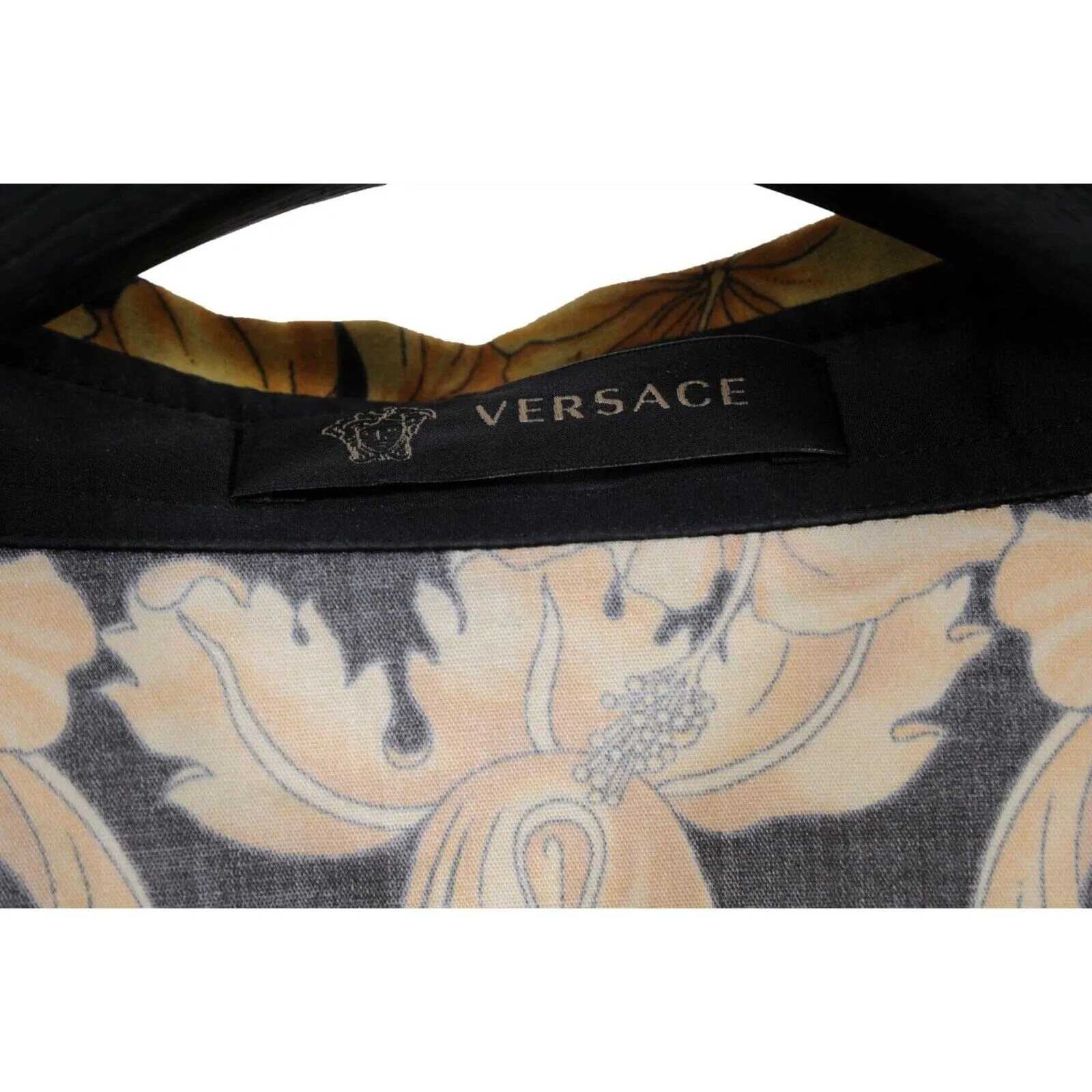 Gold Black Hibiscus Print Logo Button Down Shirt