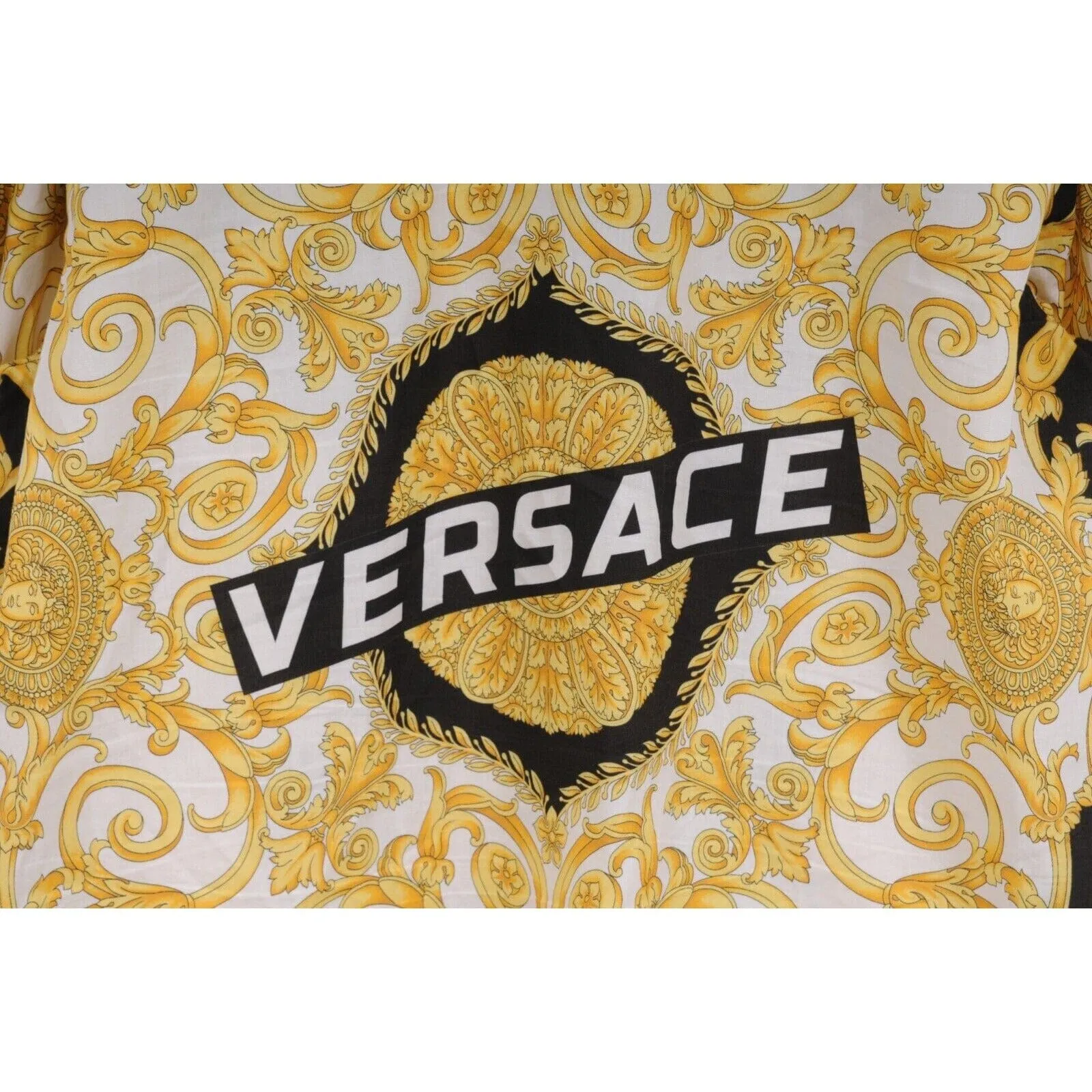 Gold Black Hibiscus Print Logo Button Down Shirt
