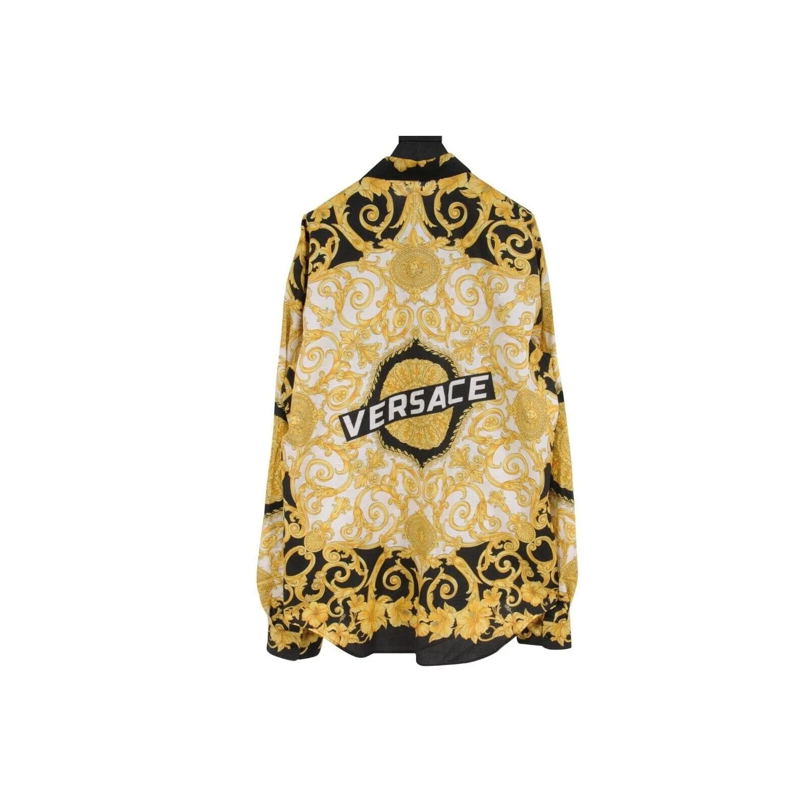Gold Black Hibiscus Print Logo Button Down Shirt