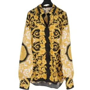 Gold Black Hibiscus Print Logo Button Down Shirt