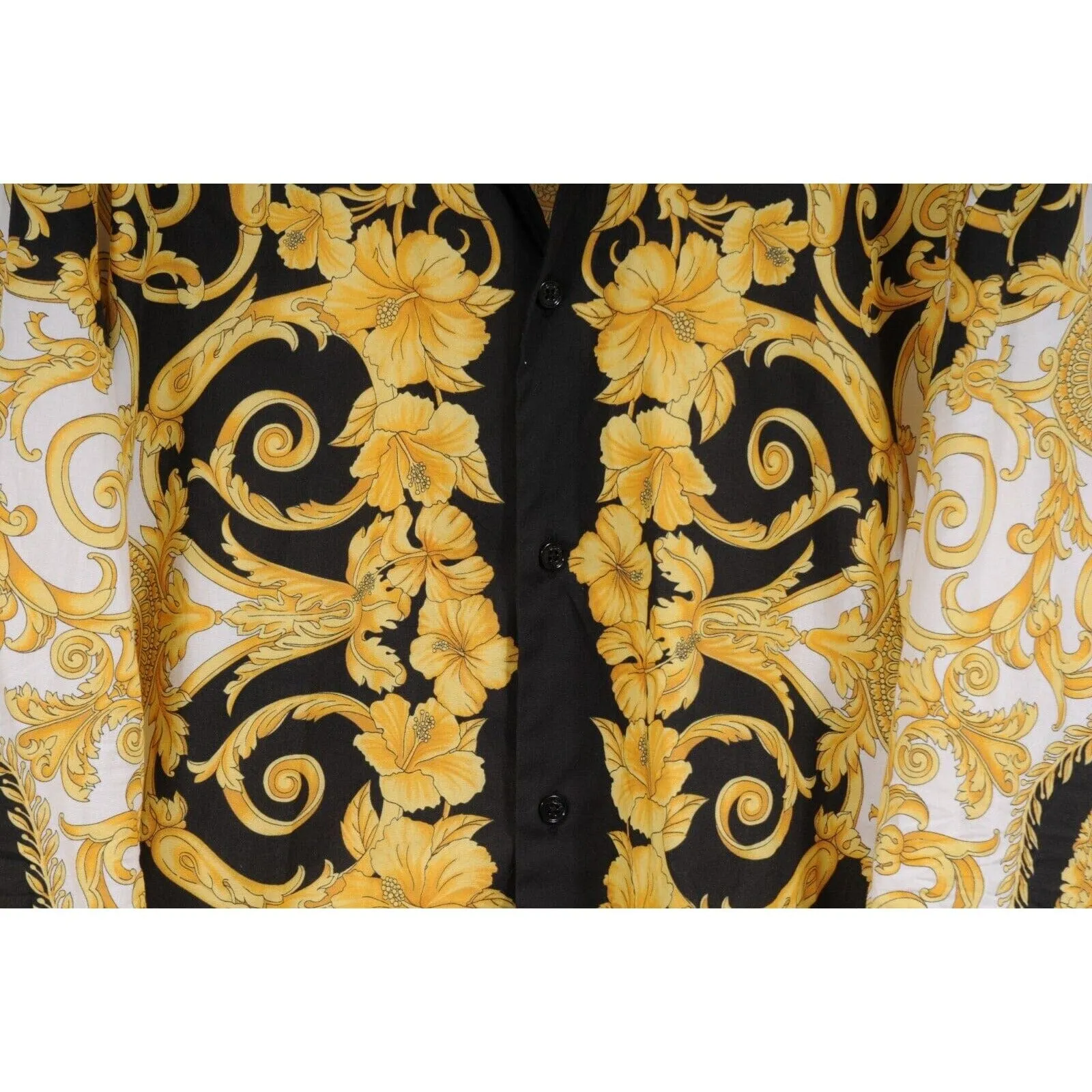 Gold Black Hibiscus Print Logo Button Down Shirt