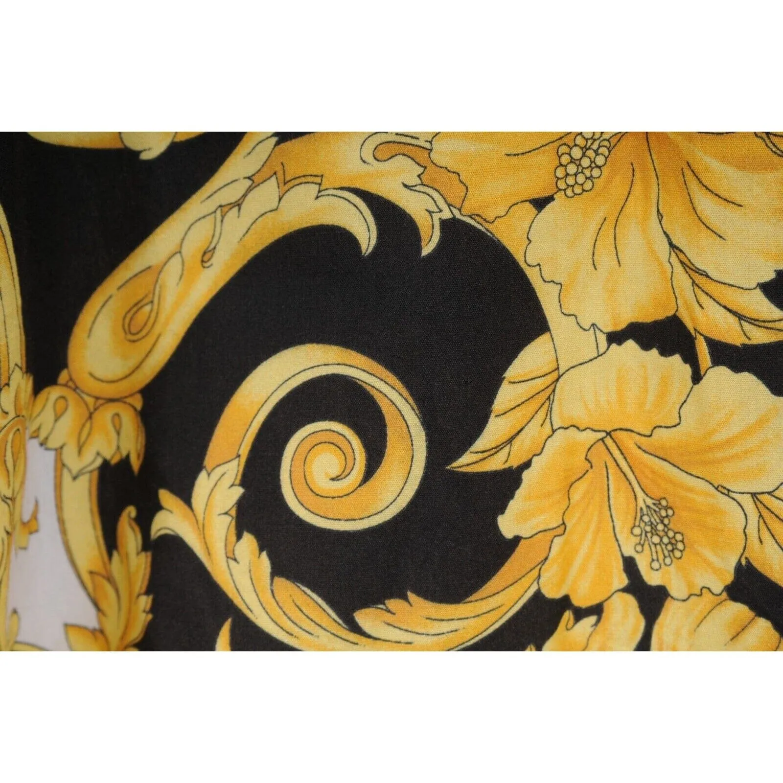 Gold Black Hibiscus Print Logo Button Down Shirt