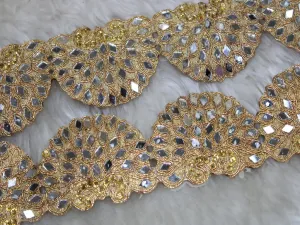 Golden Mirror and Stone Work Scalloped Embroidered Border
